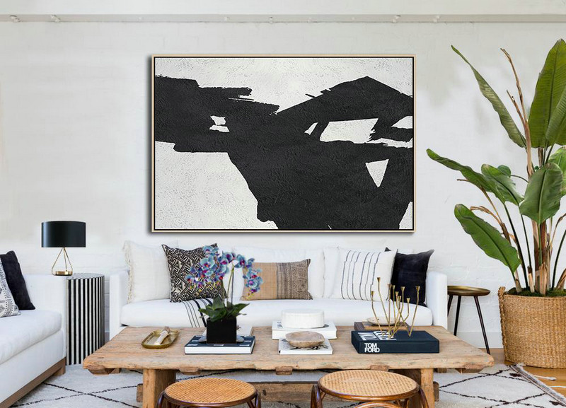 Large Paintings For Living Room,Hand Painted Oversized Horizontal Minimal Art On Canvas, Black And White Minimalist Painting - Living Room Canvas Art